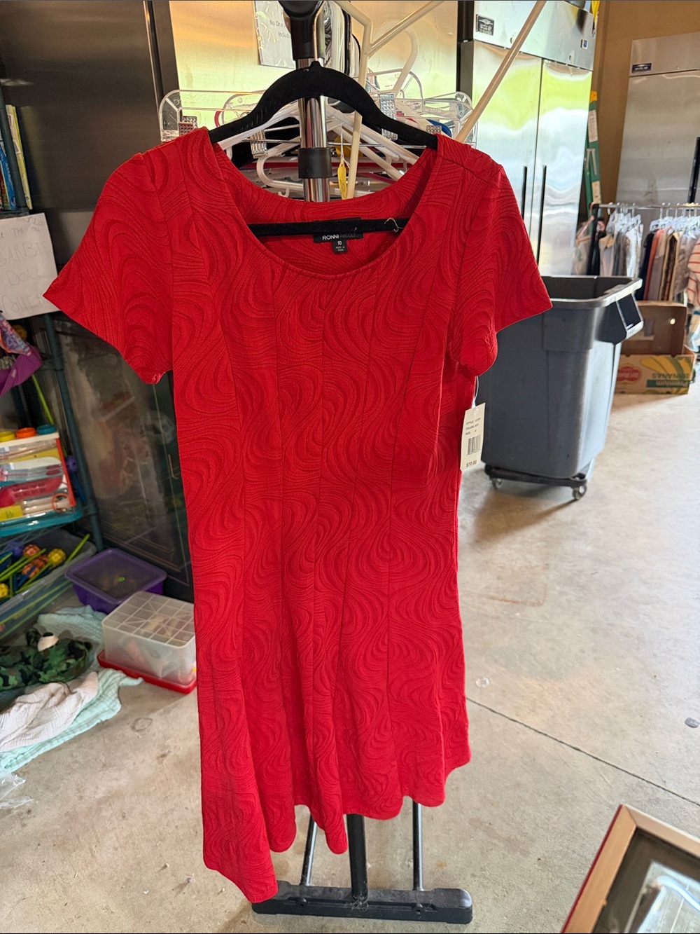 Ronni Nicole Red Short-Sleeve Textured Fit-and-Flare Dress